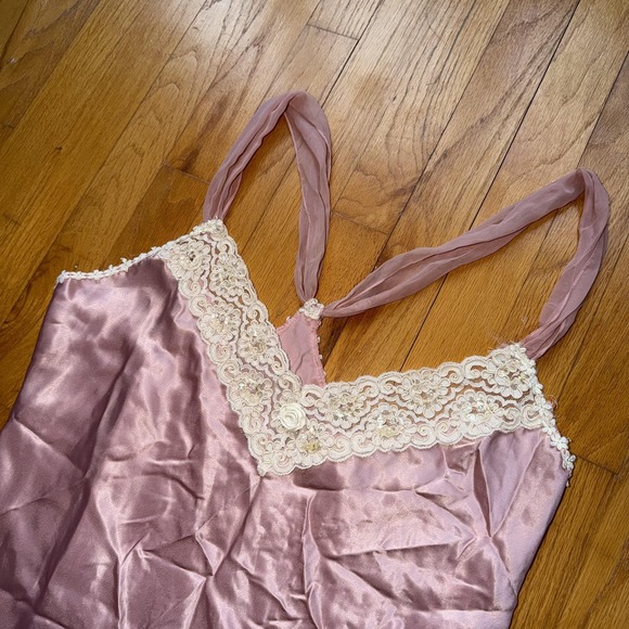 Vintage Dentelle Slip Dress L Pink Satin Lace Ruffle Hem Chemise‎ USA Lingerie - Picture 6 of 12